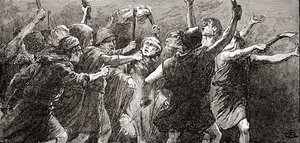 Una escena de la obra de William Shakespeare Julio César, Acto III, Escena 3, Tercer ciudadano: Desgárrenlo, desgárrenlo, de Las Obras de William Shakespeare, publicado 1896 de Gordon Frederick Browne